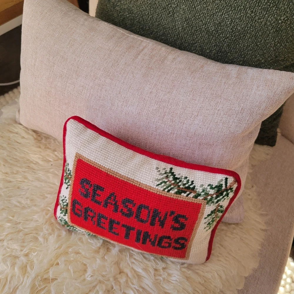 Vintage Christmas “Seasons Greeting” Needlepoint Pillow 6x8